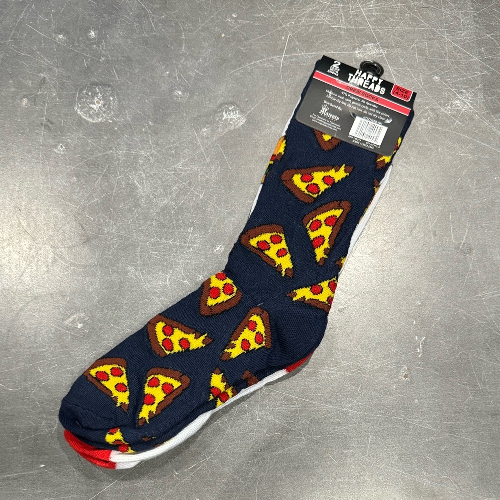 Happy Threads 2 Pairs Boys Crew Socks Hamburger, Pizza Themed Boys Size 4-10